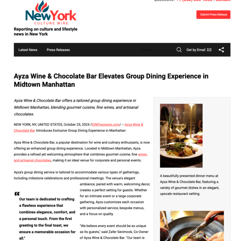 Ayza Wine & Chocolate Bar Featured in the News: Elevating Group Dining in Midtown Manhattan