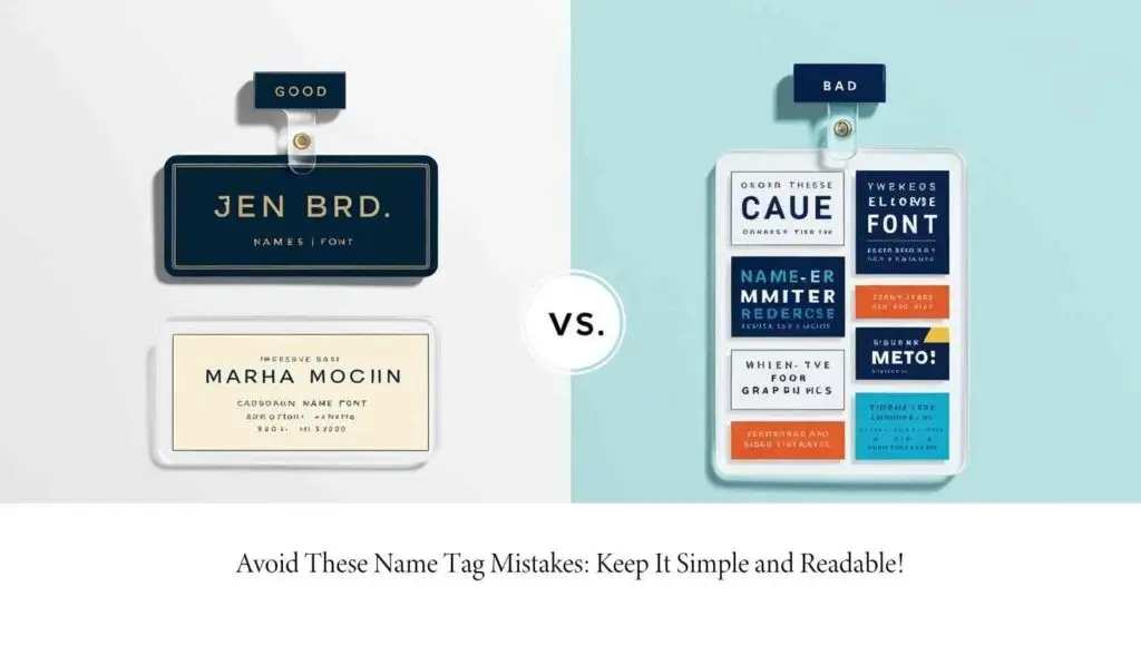 Side-by-side comparison of a good name tag (clean and readable) and a bad name tag (overcrowded and poorly designed). Avoid These Name Tag Mistakes: Keep It Simple and Readable!