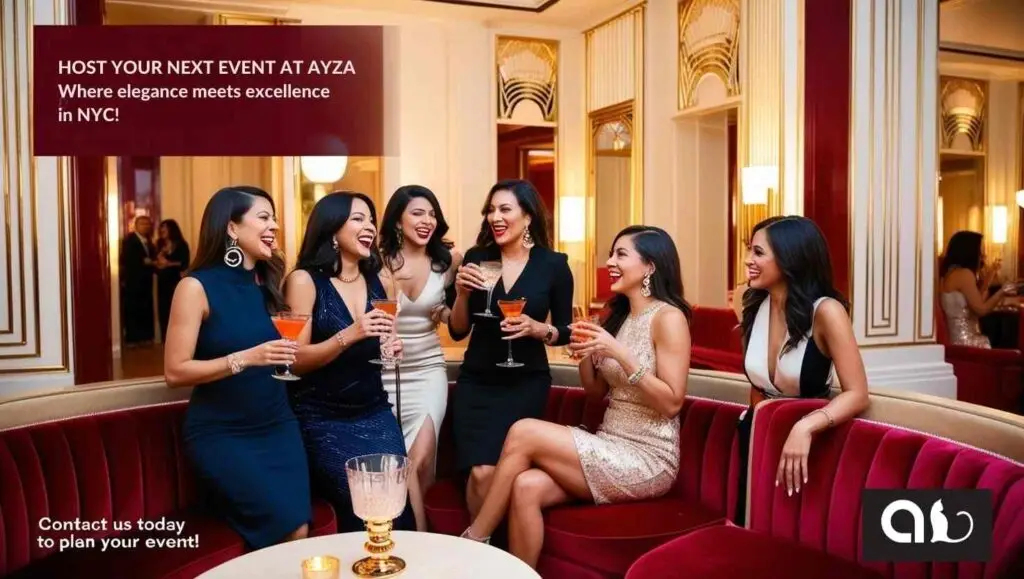 Luxurious private event space at Ayza in NYC, featuring elegant decor and guests enjoying cocktails.