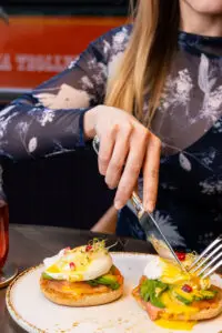 Delicious brunch spread with eggs, toast, and coffee at a Midtown Manhattan restaurant