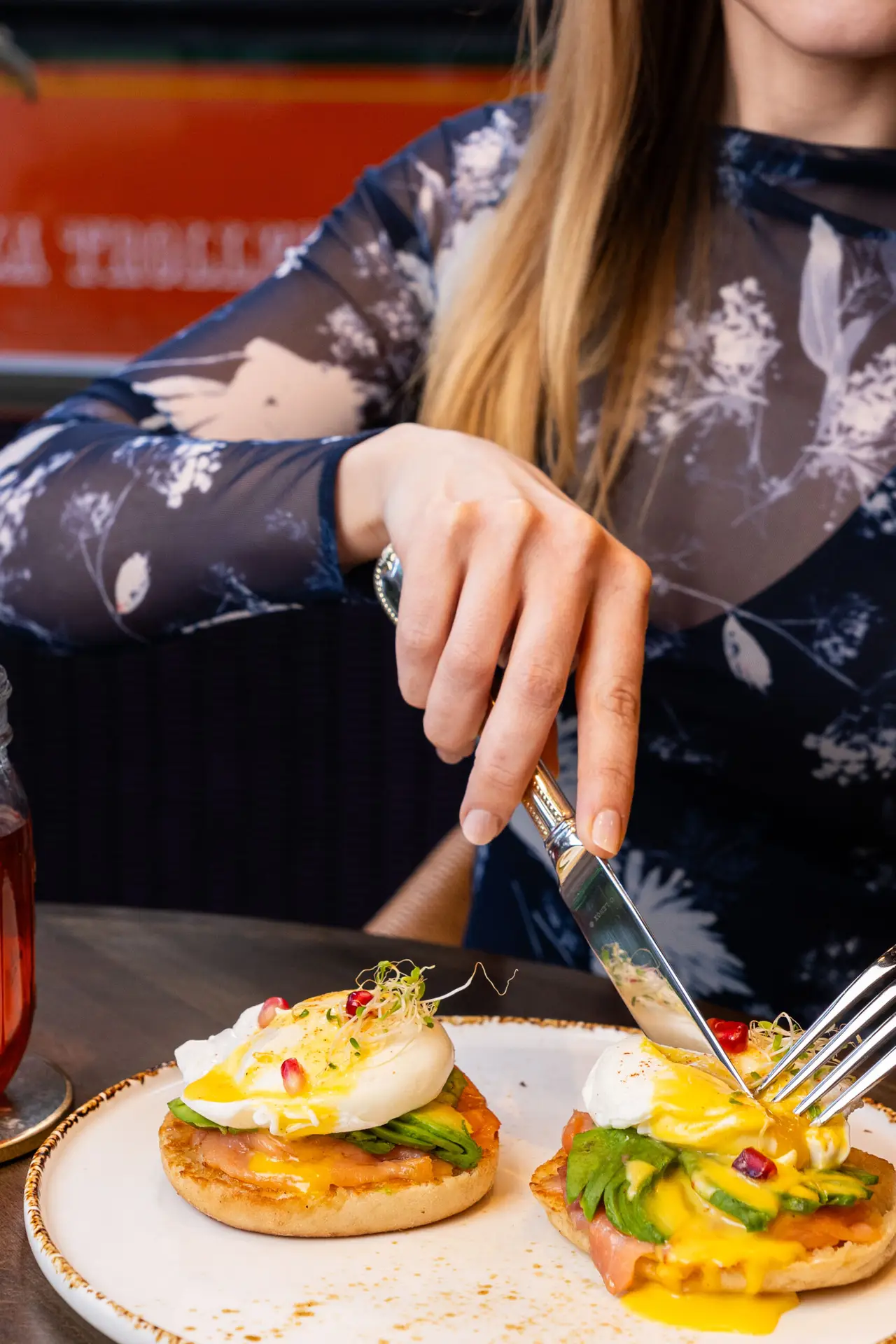 Delicious brunch spread with eggs, toast, and coffee at a Midtown Manhattan restaurant
