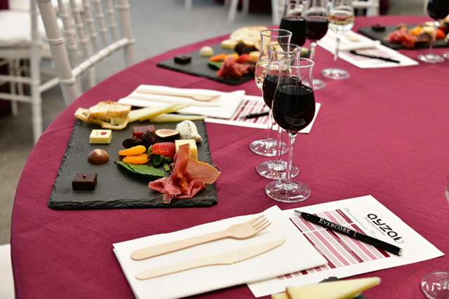 Wine and chocolate tasting setup for corporate team building NYC event with cheeses, charcuterie, and chocolates